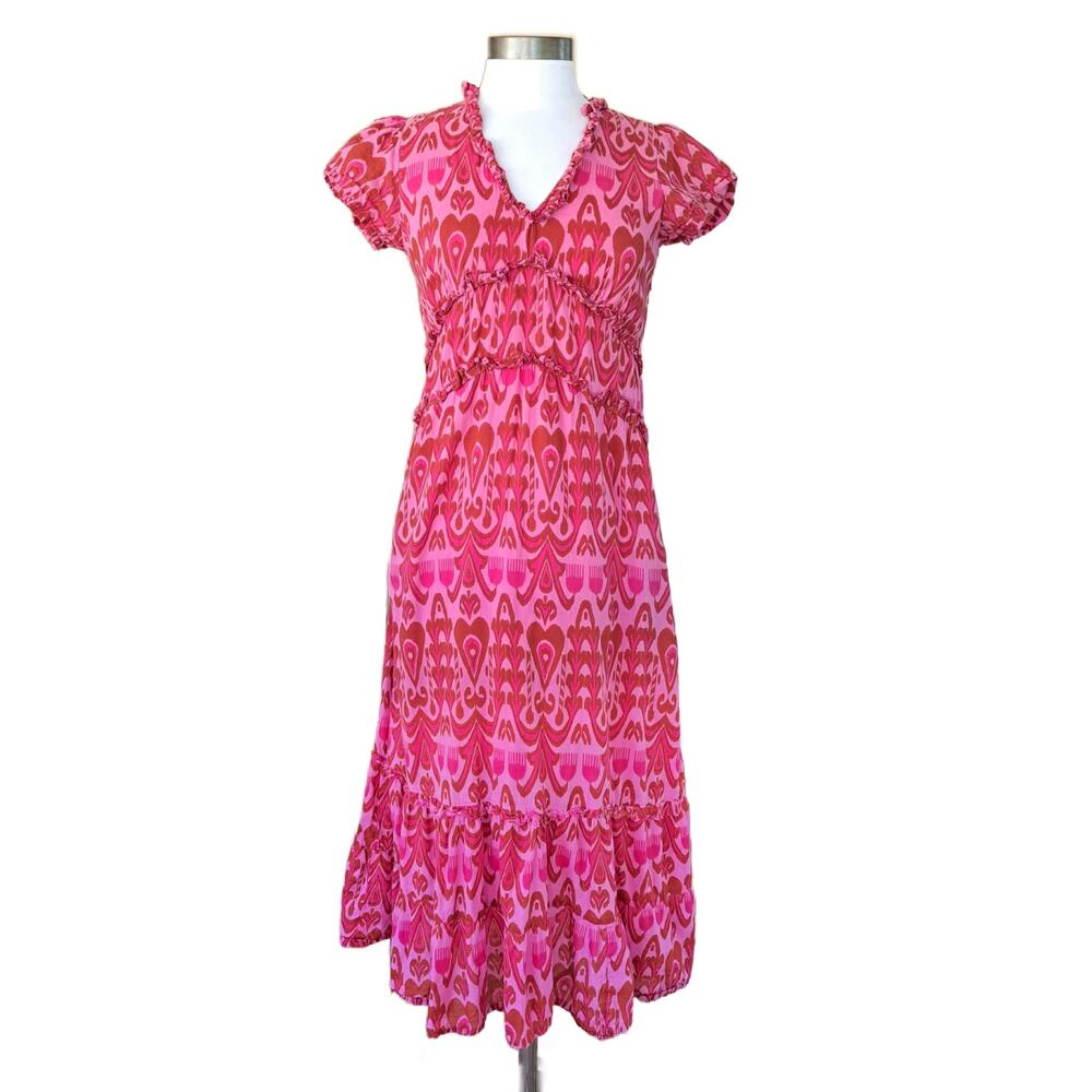 LA PLAGE Mallory Short Sleeve Tiered Maxi Dress XS Pink Red Woodblock Resort